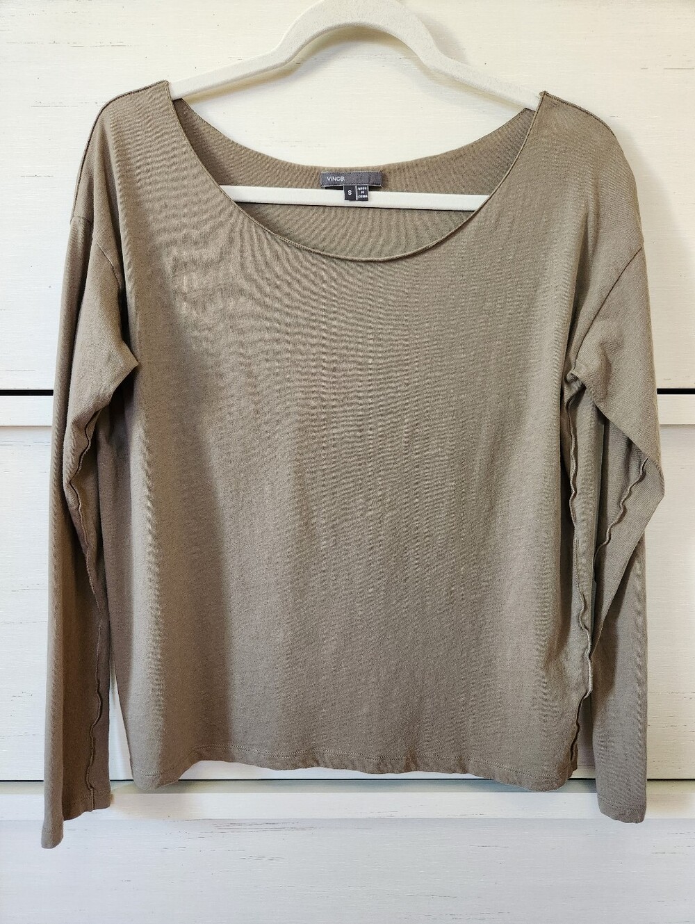 Vince dropped-shoulder boatneck long-sleeve top neutral taupe/olive Sz Small